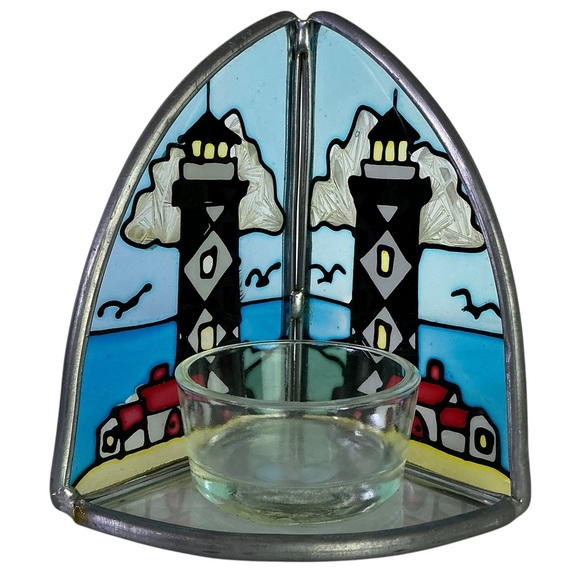 Lighthouse Stained Glass Candle Holder Vintage Painted Glass Art Piece - Picture 5 of 16